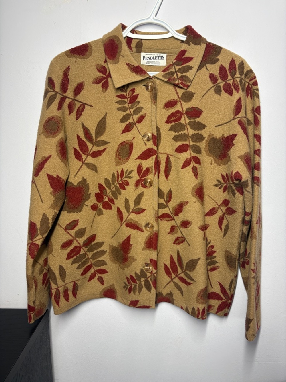 Pendleton Tan Cardigan with Red and Olive Leaf Pattern